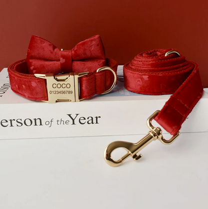 Personalized red heart flannelette collar and lead set