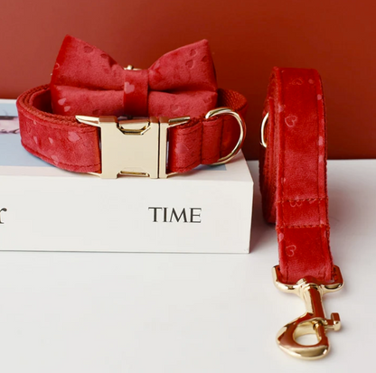 Personalized red heart flannelette collar and lead set